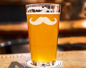 Engraved Mustache Beer Pint Glass 16 oz.