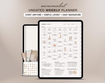 Undated Minimalist Weekly Digital Planner for GoodNotes & Notability | iPad, Android Productivity Organizer | Weekly Calendar