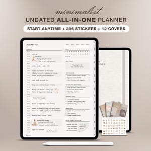 Undatierter Minimalistischer Digitaler Planer für iPad | GoodNotes Notability Planer | Wöchentlicher, monatlicher & täglicher Organizer | Aufkleber