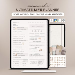 Può includere: Un pianificatore di vita digitale visualizzato sullo schermo di un tablet con un programma, obiettivi giornalieri ed elenchi di attività. L'interfaccia include intestazioni di testo come ULTIMATE LIFE PLANNER, START ANYTIME e SIMPLE LAYOUT. Uno stilo.
