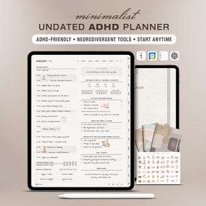 Könnte beinhalten: Ein digitaler Planer auf einem Tablet-Bildschirm mit einem undatierten Layout, Zeitblockierung, täglichen Aufgaben und Gewohnheits-Trackern. Der Text lautet MINIMALIST UNDATED ADHD PLANNER, ADHD-FRIENDLY, NEURODIVERGENT TOOLS, START ANYTIME.
