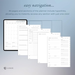 May include: A digital planner with several open pages displaying calendar, reflection, wellness tracker, and vision board layouts. The text "easy navigation" and "All pages and sections of the planner include hyperlinks, allowing you to instantly access any section with just one click!" are visible.