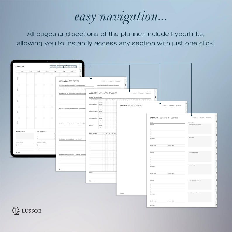 May include: A digital planner with several open pages displaying calendar, reflection, wellness tracker, and vision board layouts. The text "easy navigation" and "All pages and sections of the planner include hyperlinks, allowing you to instantly access any section with just one click!" are visible.