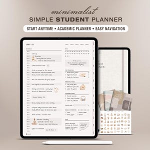 Könnte beinhalten: Ein digitaler Studentenplaner auf einem Tablet-Bildschirm mit Tagesplan, Aufgabenlisten und akademischer Nachverfolgung. Die Benutzeroberfläche enthält den Text minimalist SIMPLE STUDENT PLANNER, START ANYTIME, ACADEMIC PLANNER, EASY NAVIGATION.