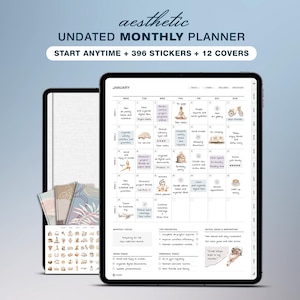 May include: An undated monthly planner with the text "aesthetic" at the top. The planner includes 396 stickers and 12 covers. The digital planner is displayed on a tablet, showing a calendar layout for January with various illustrations.