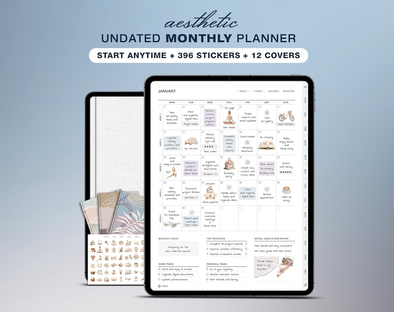 May include: An undated monthly planner with the text "aesthetic" at the top. The planner includes 396 stickers and 12 covers. The digital planner is displayed on a tablet, showing a calendar layout for January with various illustrations.