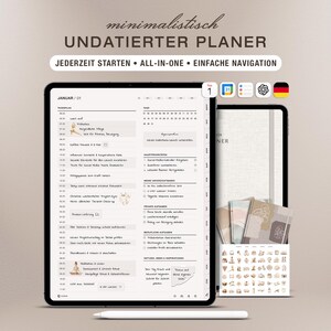 May include: A digital tablet displaying an undated planner interface with a daily schedule, task lists, and notes. The screen shows text in German, including 'minimalistisch UNDATIERTER PLANER'. A white stylus rests in front of the tablet device.