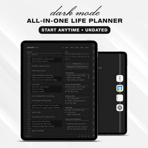 May include: A digital dark mode all-in-one life planner displayed on two tablet screens. The interface features a black background with white text, including a daily schedule, top priorities, personal tasks, work tasks, and notes sections.
