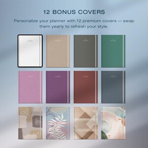 May include: A collection of 12 planner covers in various colors, including beige, green, purple, and blue. The covers have a minimalist design with the word "PLANNER" printed on them. The image also includes a digital planner.