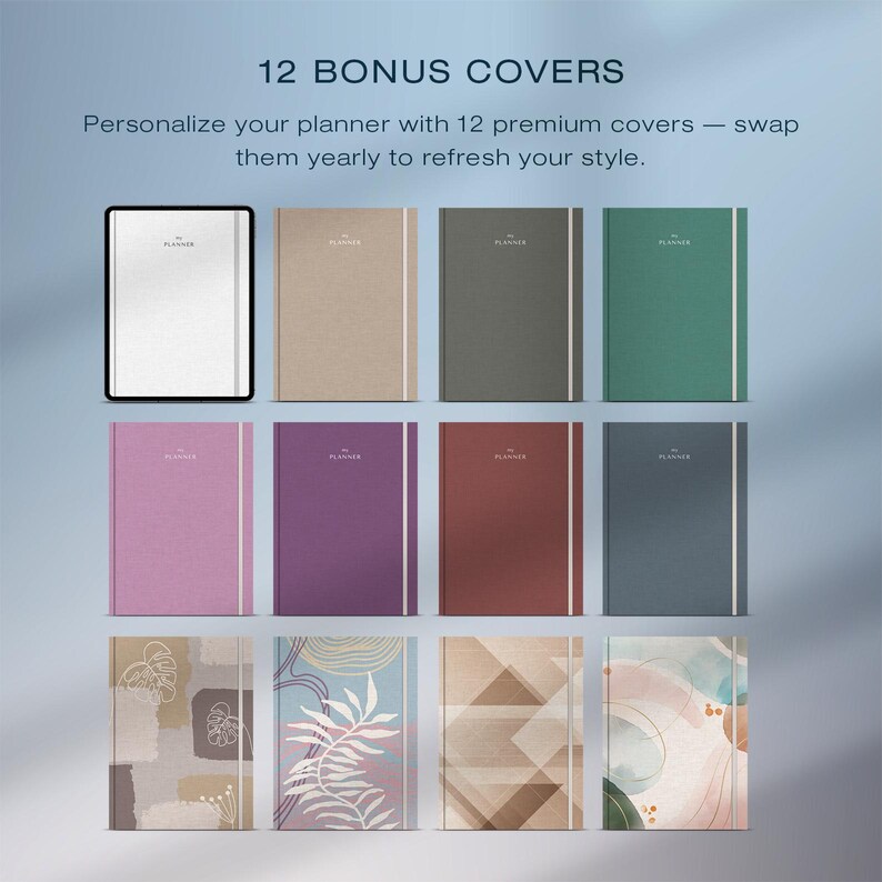 May include: A collection of 12 planner covers in various colors, including beige, green, purple, and blue. The covers have a minimalist design with the word "PLANNER" printed on them. The image also includes a digital planner.