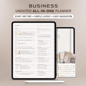 May include: A digital business undated all-in-one planner displayed on a tablet screen, featuring sections for schedule, top priorities, work tasks, client follow-ups, marketing, and daily revenue. Includes a stylus and a set of small icon stickers.
