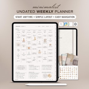 Ongedateerde minimalistische digitale weekplanner voor GoodNotes en iPad | Week- en maandplanner | Productiviteitssjabloon