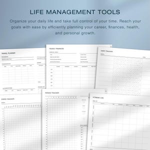 May include: A collection of white paper planner sheets with various layouts for life management. Includes sections for travel, finances, habits, fitness, and period tracking. The text "LIFE MANAGEMENT TOOLS" is at the top.