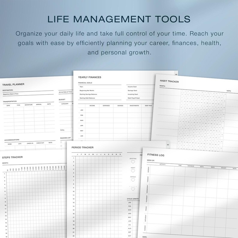 May include: A collection of white paper planner sheets with various layouts for life management. Includes sections for travel, finances, habits, fitness, and period tracking. The text "LIFE MANAGEMENT TOOLS" is at the top.