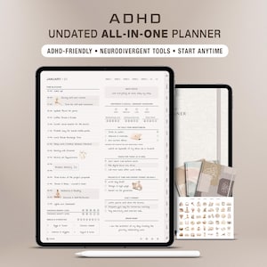 May include: A digital tablet displaying an undated all-in-one planner with ADHD-friendly tools, featuring time blocking, daily tasks, and habit trackers. The screen shows text including ADHD UNDATED ALL-IN-ONE PLANNER and NEURODIVERGENT TOOLS.