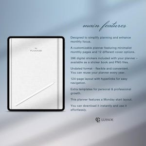 May include: A digital planner with a minimalist design, featuring the text "my PLANNER". The image includes a stylus and text describing the planner's features, such as digital stickers, undated format, and hyperlinks.
