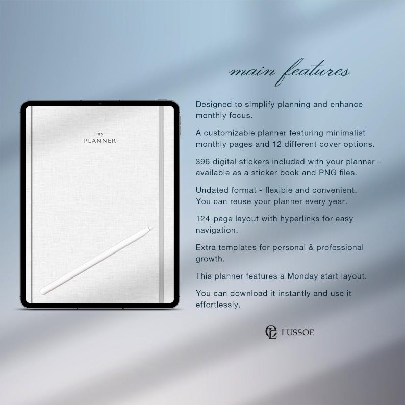 May include: A digital planner with a minimalist design, featuring the text "my PLANNER". The image includes a stylus and text describing the planner's features, such as digital stickers, undated format, and hyperlinks.