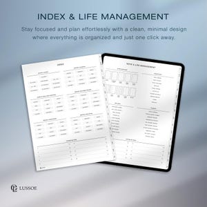 May include: A digital planner with the text "INDEX & LIFE MANAGEMENT". The planner features a clean, minimal design with sections for notes, calendars, and goal tracking. The LUSSOE logo is in the bottom left corner.