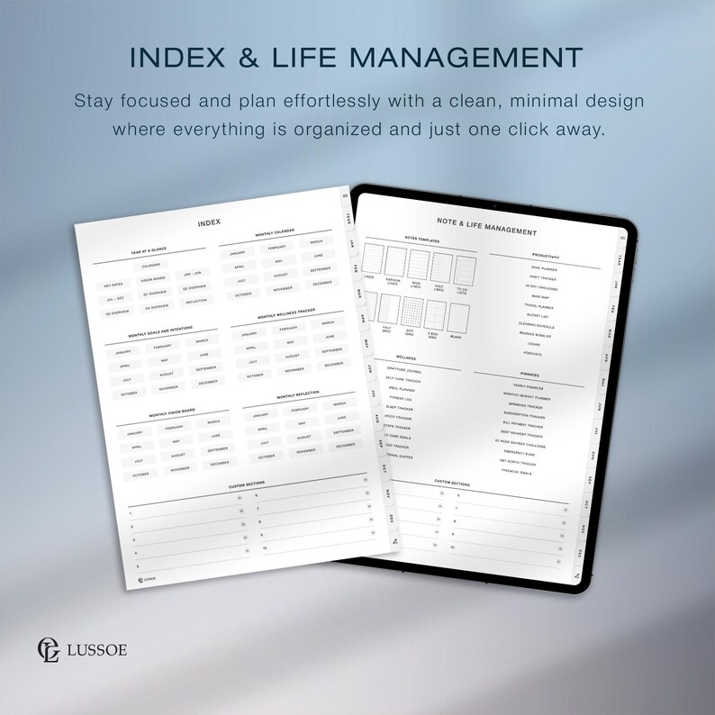 May include: A digital planner with the text "INDEX & LIFE MANAGEMENT". The planner features a clean, minimal design with sections for notes, calendars, and goal tracking. The LUSSOE logo is in the bottom left corner.