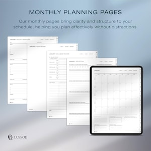 May include: A collection of white planner pages and a black tablet displaying a monthly calendar. The pages include sections for goals, vision boards, wellness tracking, and reflections. The text "MONTHLY PLANNING PAGES" is at the top.
