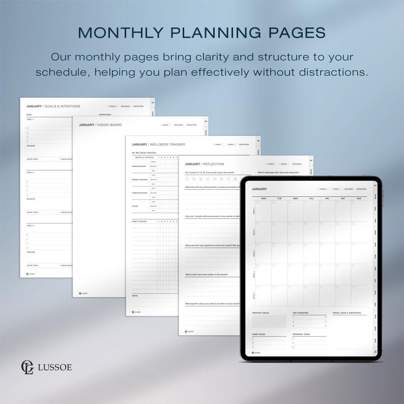 May include: A collection of white planner pages and a black tablet displaying a monthly calendar. The pages include sections for goals, vision boards, wellness tracking, and reflections. The text "MONTHLY PLANNING PAGES" is at the top.