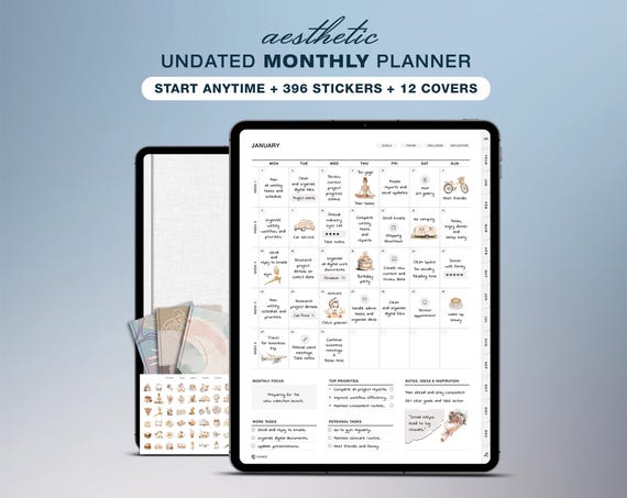 Undated Monthly Digital Planner for iPad & Android | GoodNotes, Notability Compatible | Monthly Organizer | Bonus Stickers