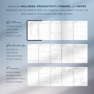 May include: A digital planner with templates for wellness, productivity, finance, and notes. The planner includes sections for gratitude, sleep, mood, and self-care. Also included are goal planning, habit tracking, and budget tracking pages.