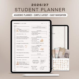 Puede incluir: Un planificador estudiantil digital 2026/27 en la pantalla de una tableta, con un horario diario, listas de tareas y seguimiento de comidas. La interfaz incluye etiquetas de texto como Academic Planner, Simple Layout y Easy Navigation.