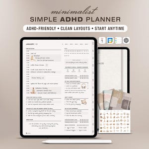 Könnte beinhalten: Ein digitaler Planer auf einem Tablet-Bildschirm mit einem übersichtlichen Layout, das Abschnitte für Zeitplanung, tägliche Aufgaben, Energieniveaus und Notizen enthält, sowie den Text SIMPLE ADHD PLANNER und verschiedene Symbole.