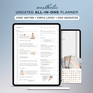 Könnte beinhalten: Ein digitaler, undatierter All-in-One-Planer auf einem Tablet-Bildschirm mit Tagesplan, Aufgabenlisten und Notizen. Die Benutzeroberfläche enthält den Text aesthetic UNDATED ALL-IN-ONE PLANNER, START ANYTIME, SIMPLE LAYOUT, EASY NAVIGATION.