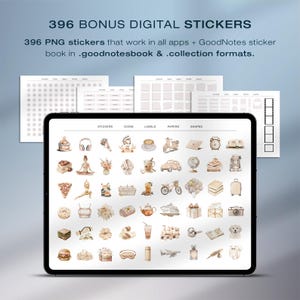 May include: A digital tablet displays a collection of 396 digital stickers in various categories. The stickers are in PNG format and compatible with all apps. The image includes the text "396 BONUS DIGITAL STICKERS".