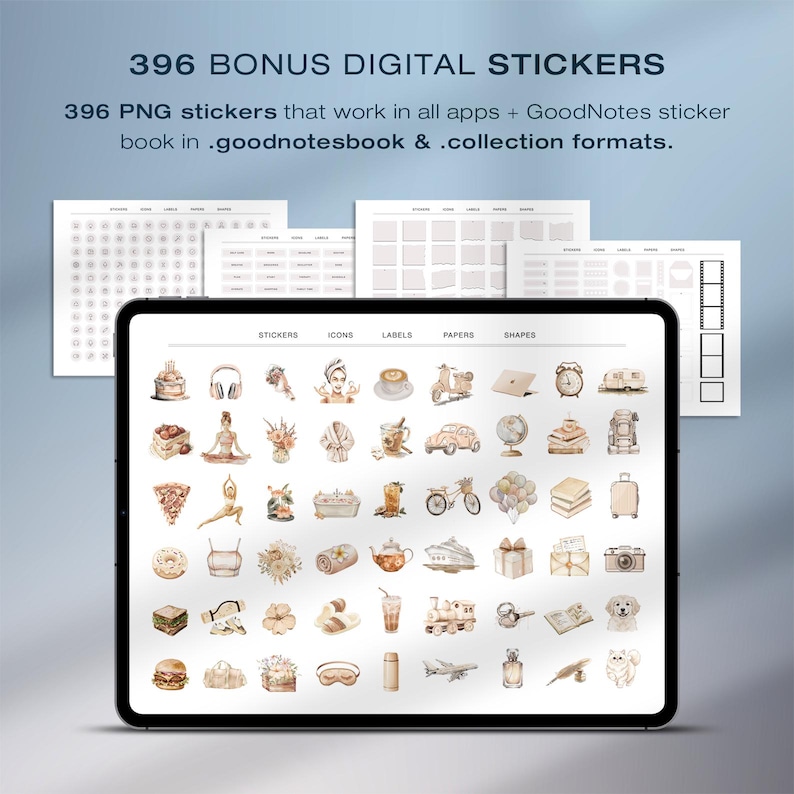May include: A digital tablet displays a collection of 396 digital stickers in various categories. The stickers are in PNG format and compatible with all apps. The image includes the text "396 BONUS DIGITAL STICKERS".