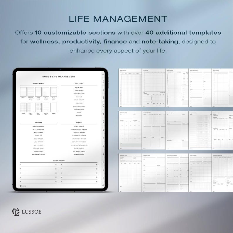 May include: A digital planner with the text "LIFE MANAGEMENT" and "NOTE & LIFE MANAGEMENT". The planner offers 10 customizable sections with over 40 templates for wellness, productivity, finance, and note-taking. The planner is black and white.