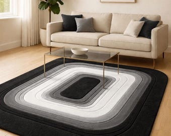 modern geometric area rug in black grey white contemporary living room carpet