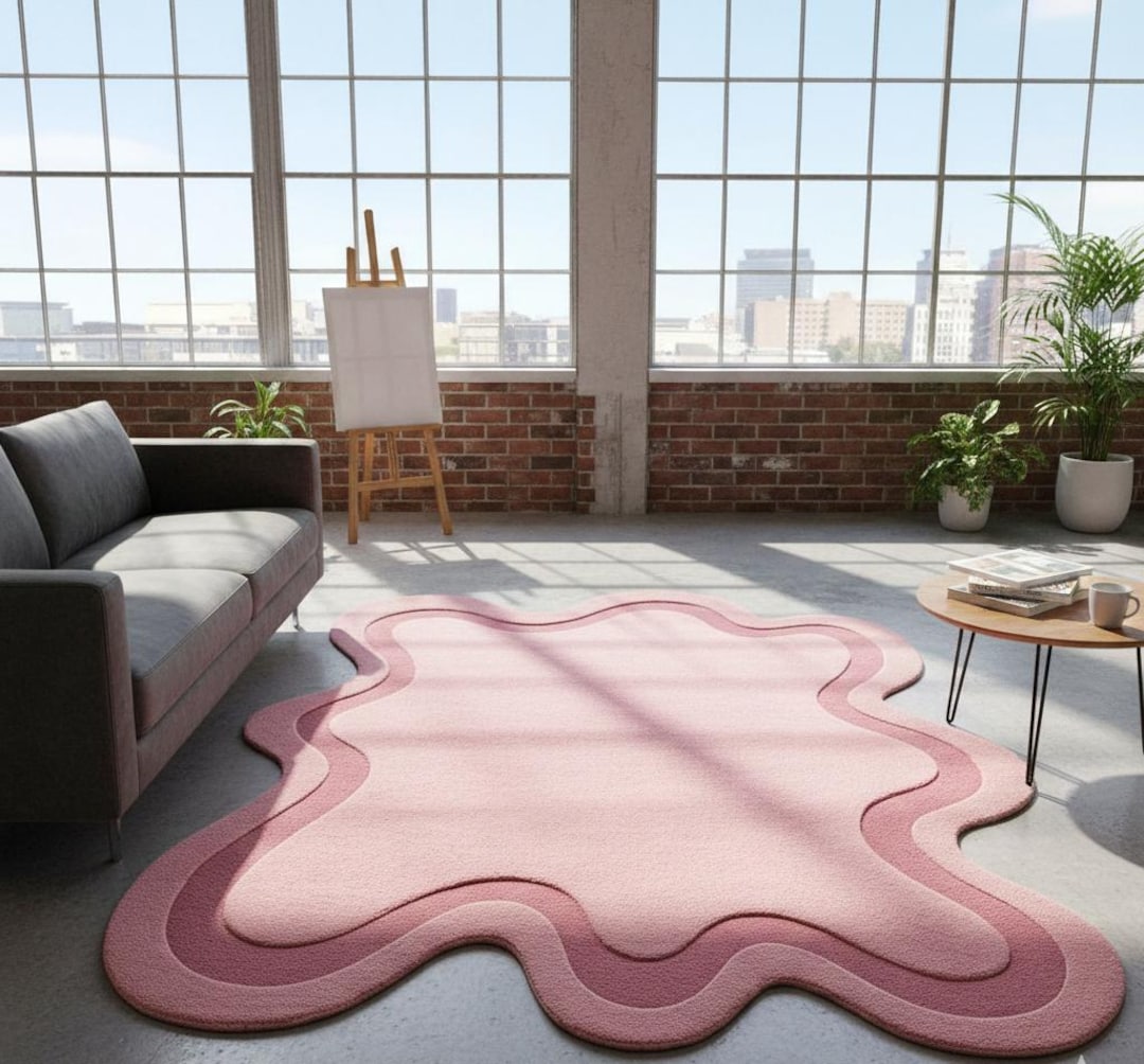 Blush Pink Abstract Wool Rug, Wavy Modern Carpet - Etsy