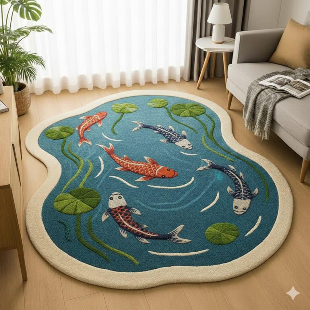 Pond Colors Rug Handmade Koi Fish Pond Rug - Irregular Shape Blue Water Lily Pad Carpet ...
