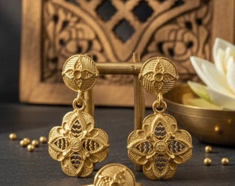 Gold Floral Earrings and Ring Set | 18k Plated Brass Statement Jewelry