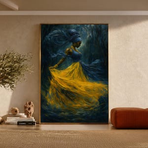 May include: A rectangular wall art print featuring an oil painting of a figure in a flowing blue and yellow dress with a matching headwrap. The figure is depicted in motion against a dark, moody background with visible brushstrokes and gold accents.