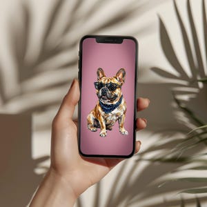 Puede incluir: Un smartphone muestra una ilustración en acuarela de un bulldog francés con gafas de sol negras y un pañuelo azul de lunares. El perro es marrón y blanco, sobre un fondo rosa.