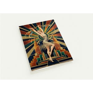 May include: A rectangular art print featuring a woman dancing in a flapper dress. The background has a geometric design with gold, brown, green, and blue colors. The woman is in a gold dress with a fringe.