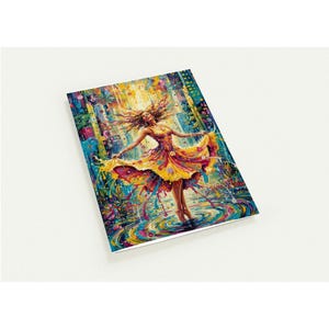 May include: A vibrant art print depicts a woman dancing in a colorful city scene. The woman wears a yellow and red dress, her arms outstretched. The background features buildings and splashes of blue, yellow, and green.
