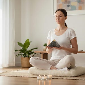 May include: A woman in a white t-shirt and pants sits in a meditative pose, holding a black pyramid. The scene is in a bright room with plants and candles, suggesting a focus on wellness and spirituality. The pyramid is the central focus.