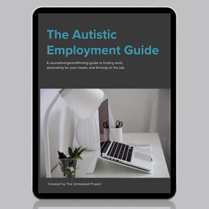 Op de afbeelding: Een tablet toont "The Autistic Employment Guide" met turquoise tekst op een donkergrijze achtergrond. De gids wordt beschreven als een gids voor het vinden van werk. Een laptop, lamp en plant zijn zichtbaar.