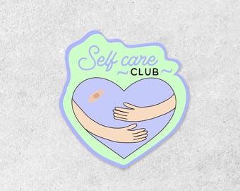 Pegatina del Club de Autocuidado / Ilustración de Brazos Alrededor de un Corazón / Pegatina de Vinilo de Salud Mental / Amor Propio con Estética Suave