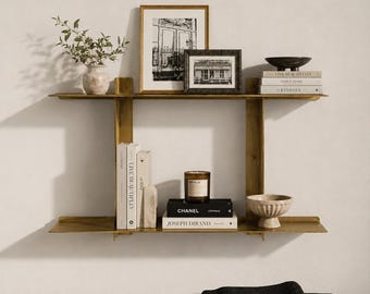 Estantería de pared de latón de lujo / Estantería flotante moderna / Estantería de almacenamiento de latón hecha a mano / Decoración minimalista para el hogar