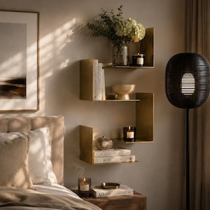 May include: Two modular wall-mounted shelves made of brushed brass metal, featuring an angular S-shaped design. The shelves hold various decorative items including books, a glass vase with flowers, a small bowl, and two glass-encased candles.