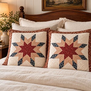 Nostalgia Home Patchwork Star Pillow Shams Set of 2, Cotton Quilted Standard Shams, Primitive Country Farmhouse Bedding