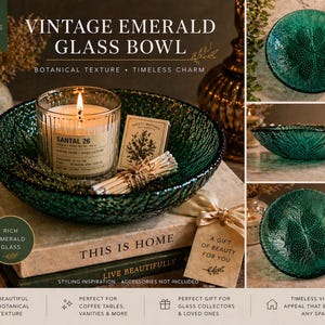May include: An emerald green glass bowl with a botanical texture, holding a lit candle, matches, and a tag that reads "A Gift of Beauty for You." The text "Vintage Emerald Glass Bowl" is displayed above.