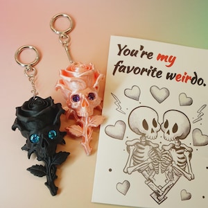 Gothic Skull Rose Couple Keychain Set | 3D Printed Valentine’s Personalized Forever & Always Gift with Custom Card image 2