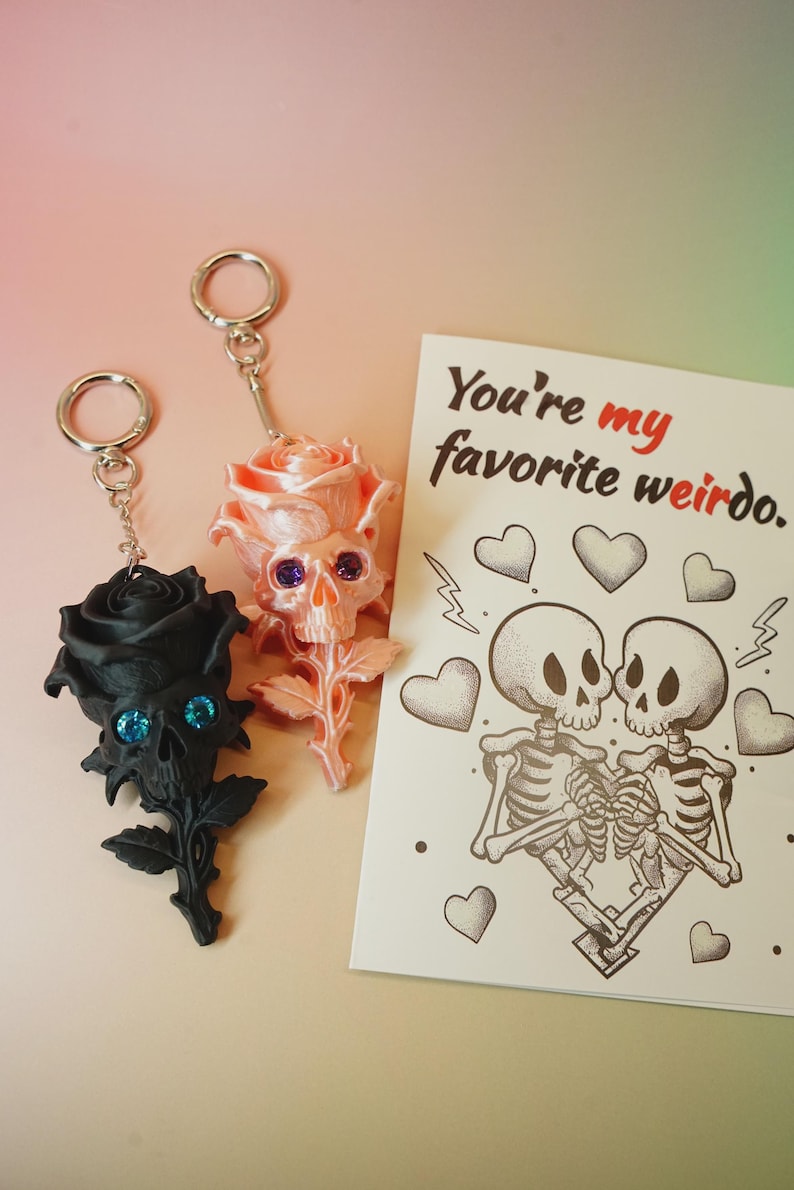 Gothic Skull Rose Couple Keychain Set | 3D Printed Valentine’s Personalized Forever & Always Gift with Custom Card image 2